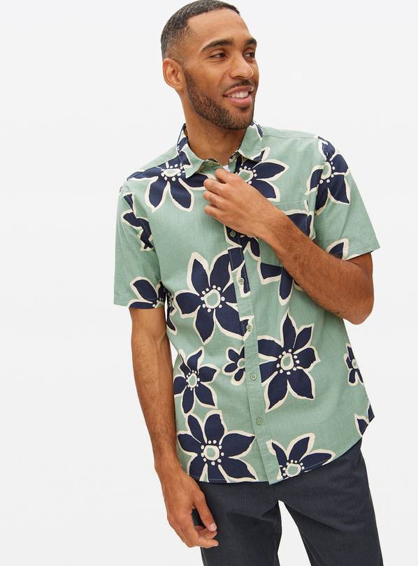 Green Bold Floral Print Short Sleeve Shirt XXXL