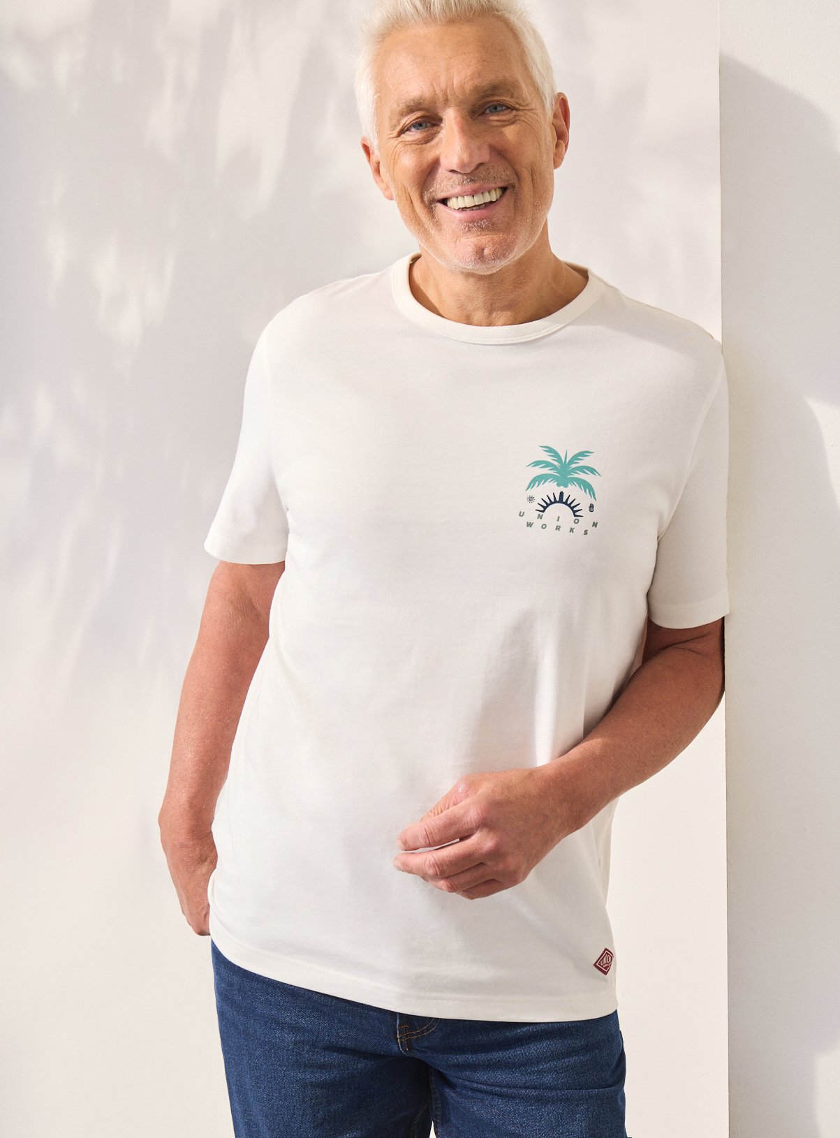 Men's White UNION WORKS Wave Graphic Crew T-Shirt