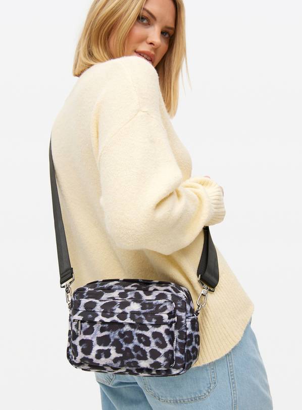 Grey Leopard Print Nylon Camera Bag One Size