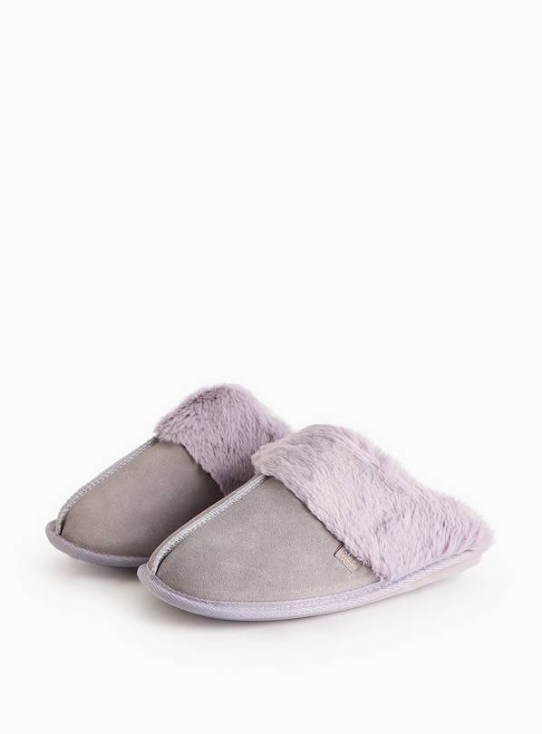 totes® Lilac Suede Faux Fur Cuff Mule Slippers L