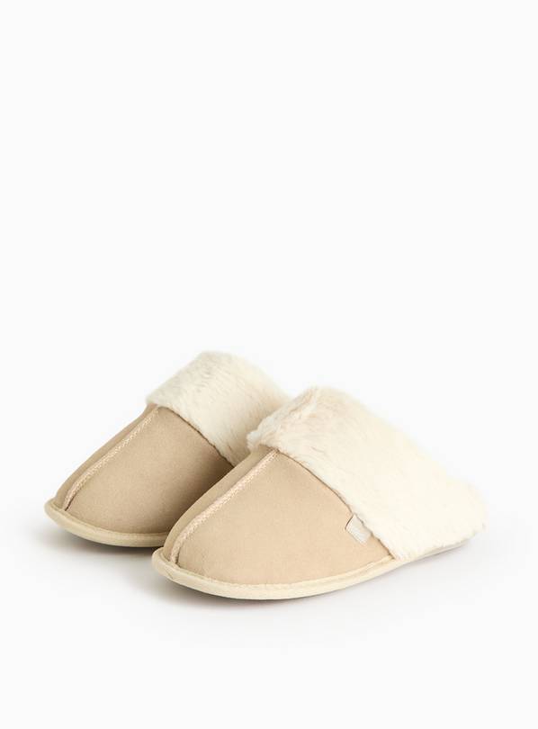 totes® Stone Suede Faux Fur Cuff Mule Slippers L