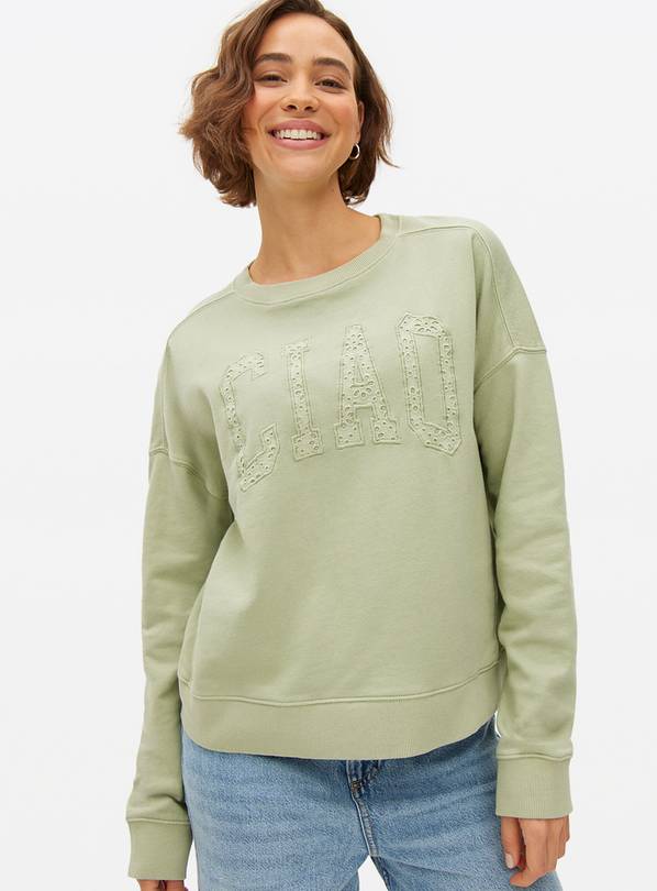 Green Ciao Broderie Slogan Crew Sweatshirt XS