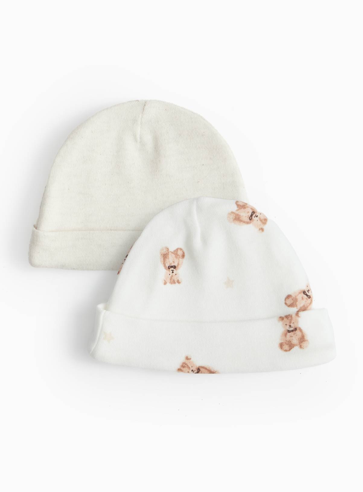 Premature Baby Oatmeal Bear Print Cotton Hats 2 Pack 3lbs - 1.4kg - Image 1