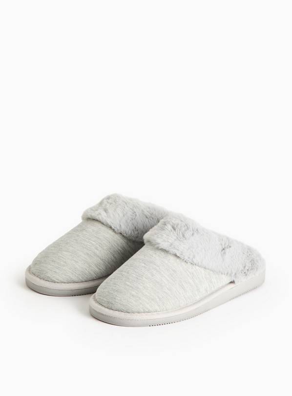 Grey Jersey Faux Fur Cuff Mule Slippers L