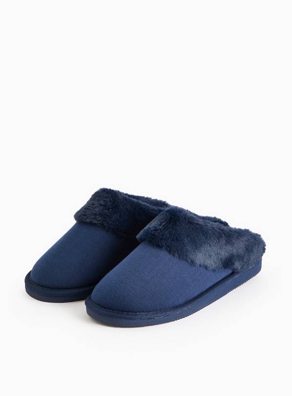 Navy Jersey Faux Fur Cuff Mule Slippers S