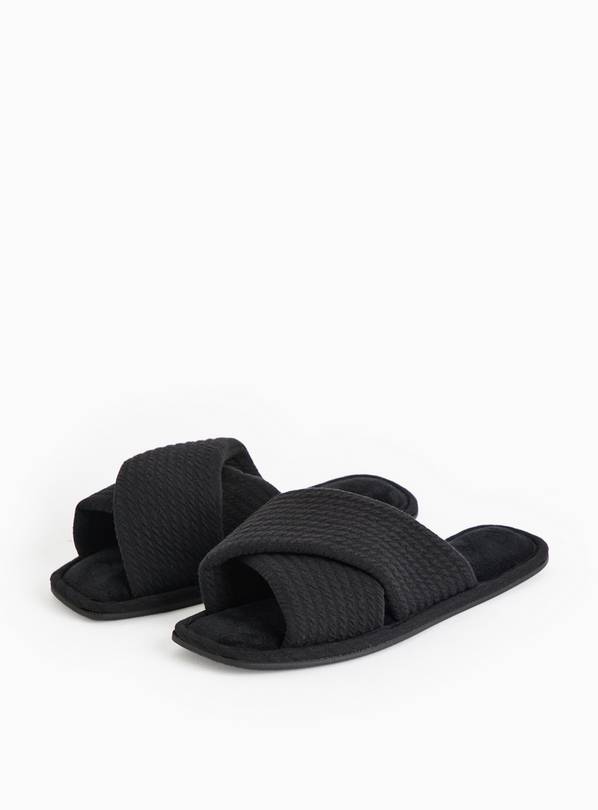 Black Cross-Over Waffle Mule Slippers S
