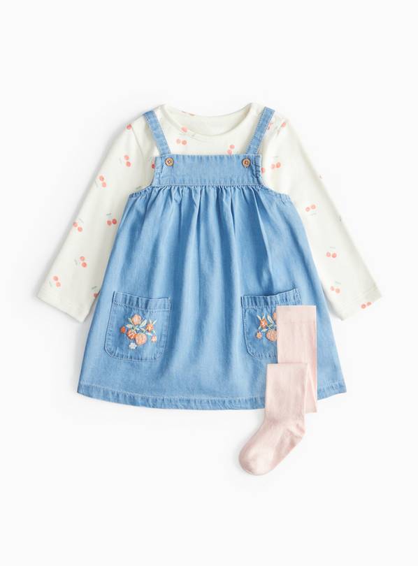 Cherry Print & Floral Denim Pinafore Dress Set  9-12 months