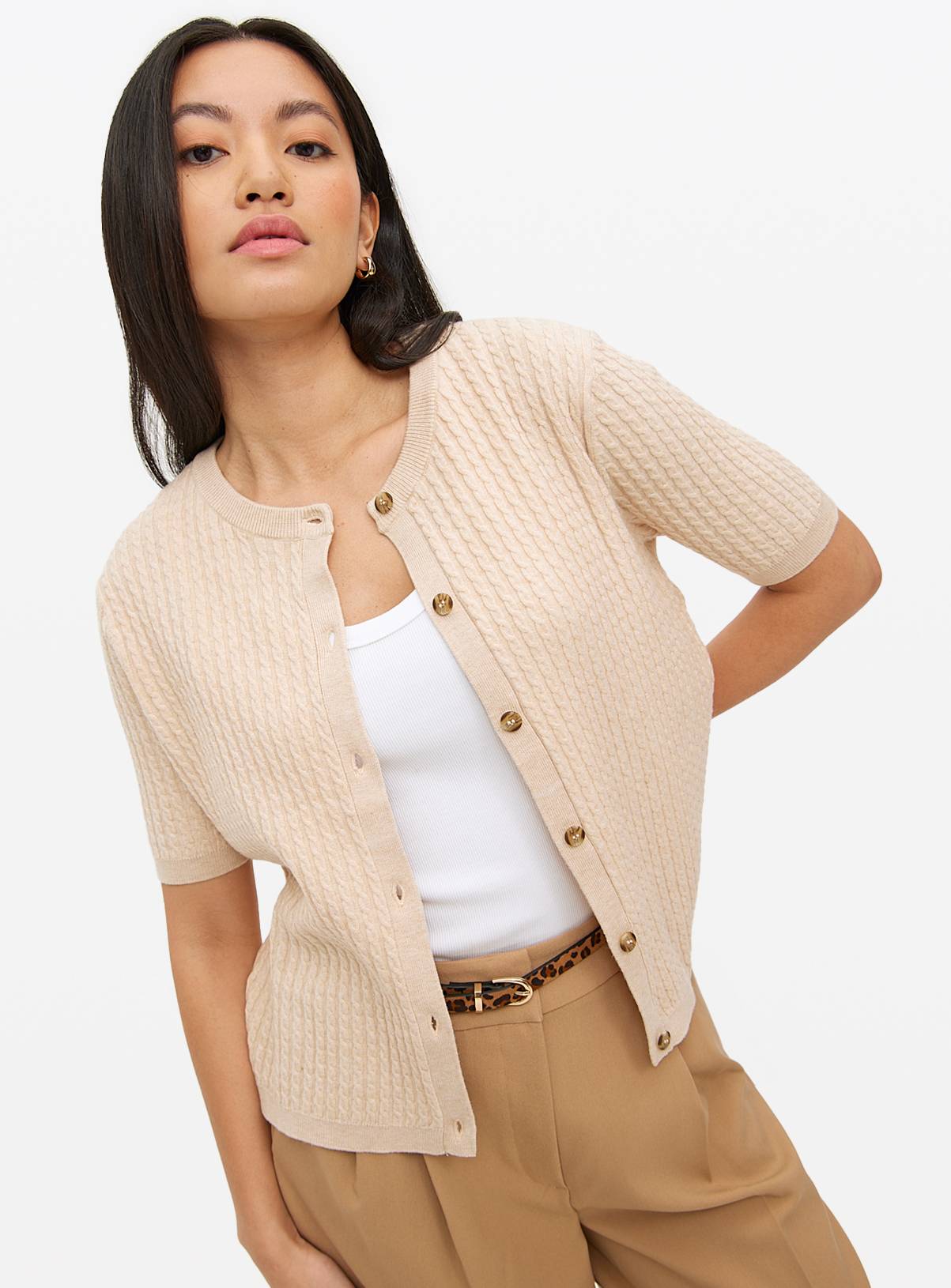 Oatmeal Short Sleeve Soft Touch Cable Knit Cardigan 14 - Image 1