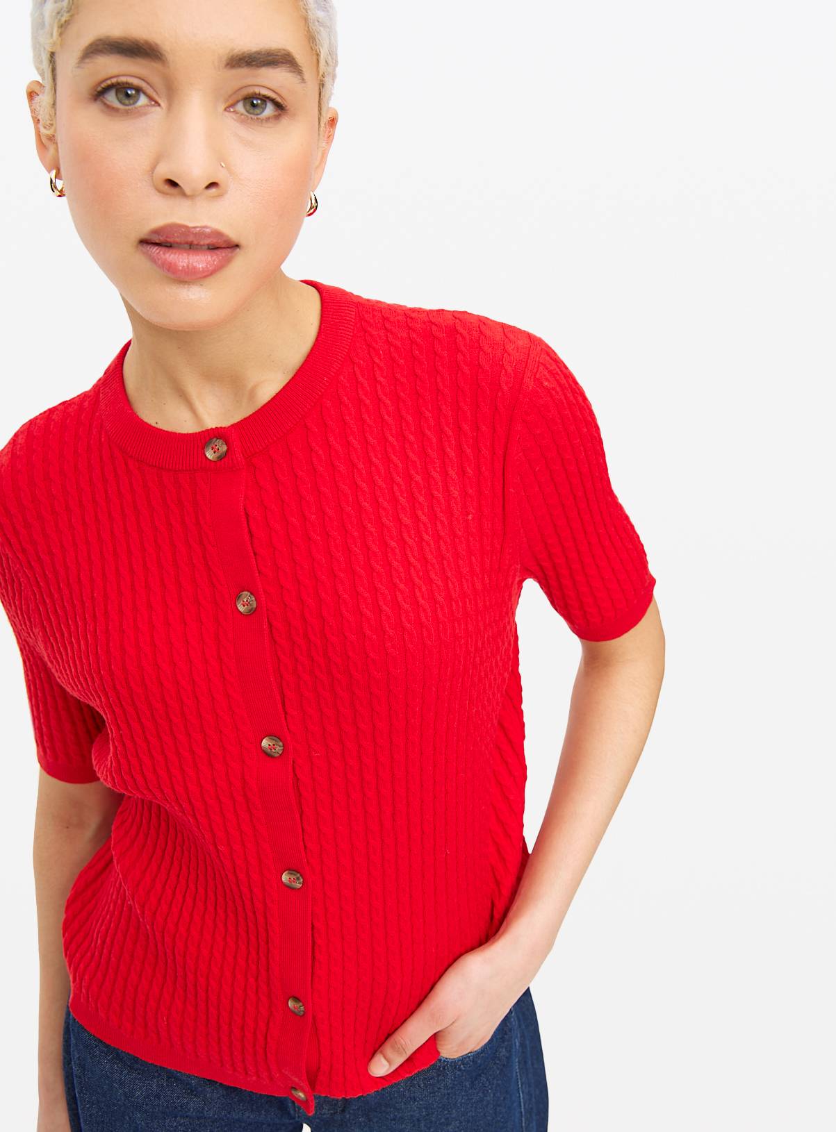 Red Short Sleeve Cable Knit Cardigan 16 - Image 1