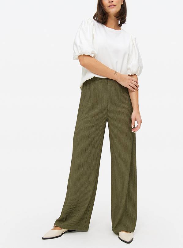 Khaki Wide Leg Textured Trousers 22