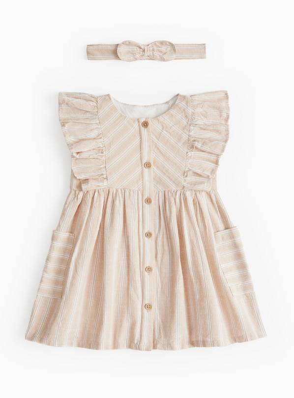 Beige Stripe Frill Dress & Bow Headband Set 3-6 months