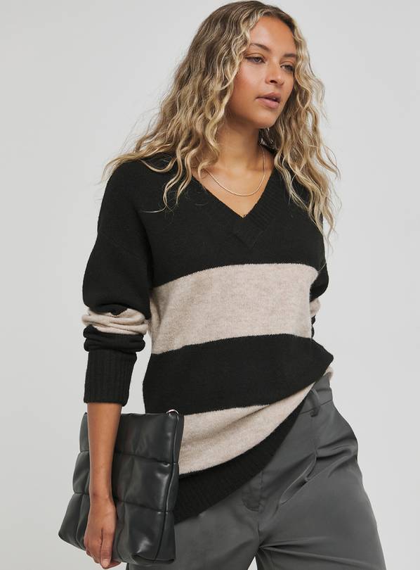 SIMPLY BE Black Stripe Slouchy V Neck Longline Jumper 12-14