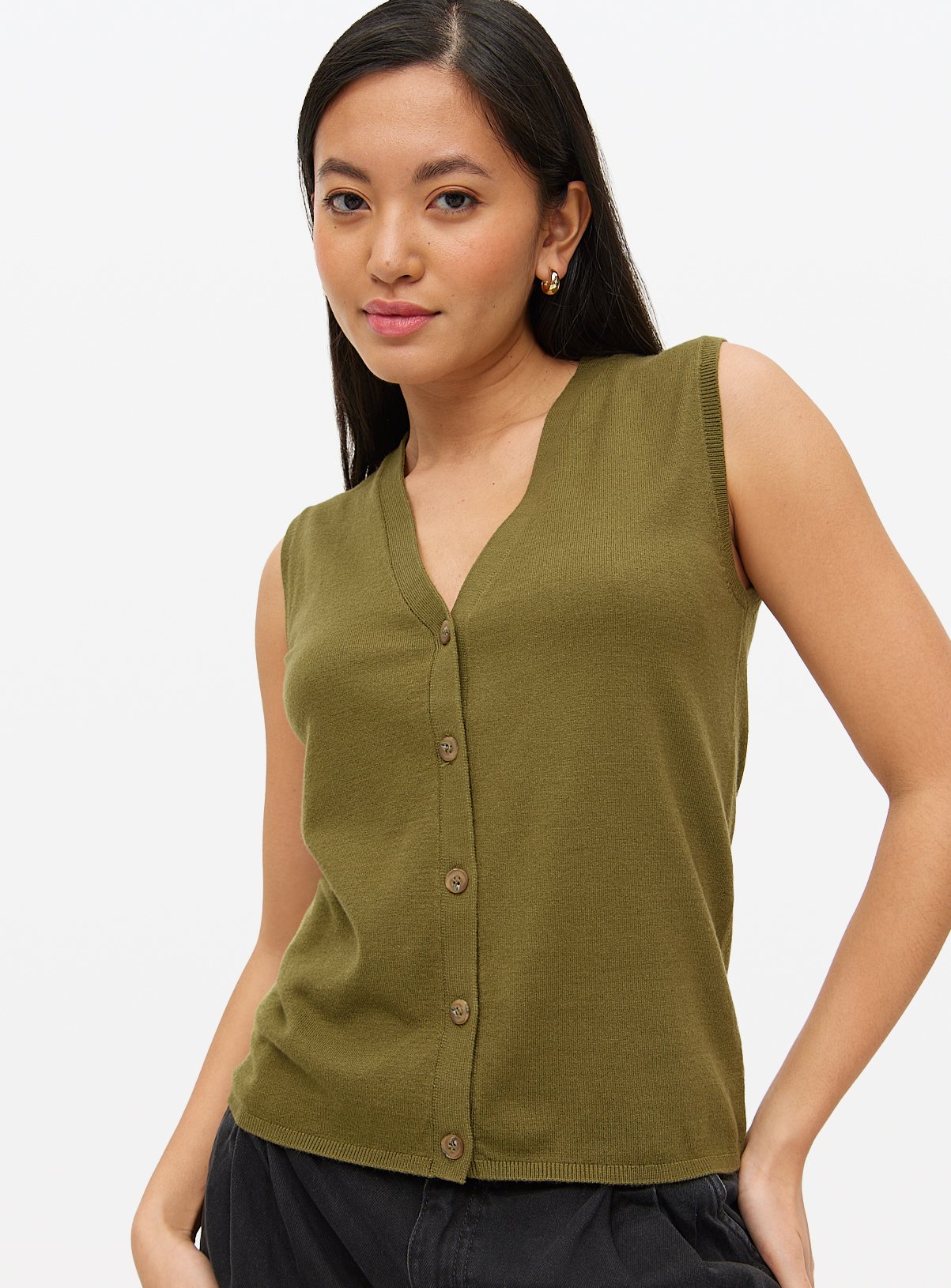 Khaki Button Soft Touch Sleeveless Vest 6