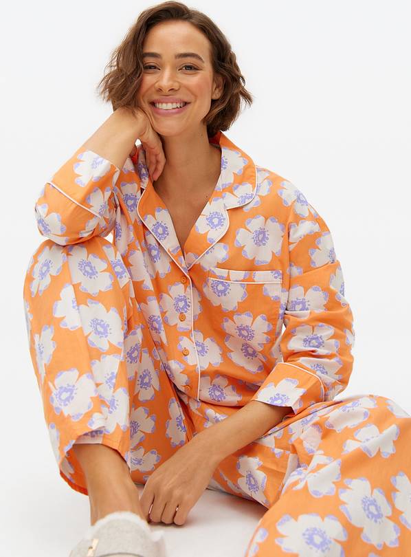 Orange Floral Print Poplin Traditional Pyjamas 16