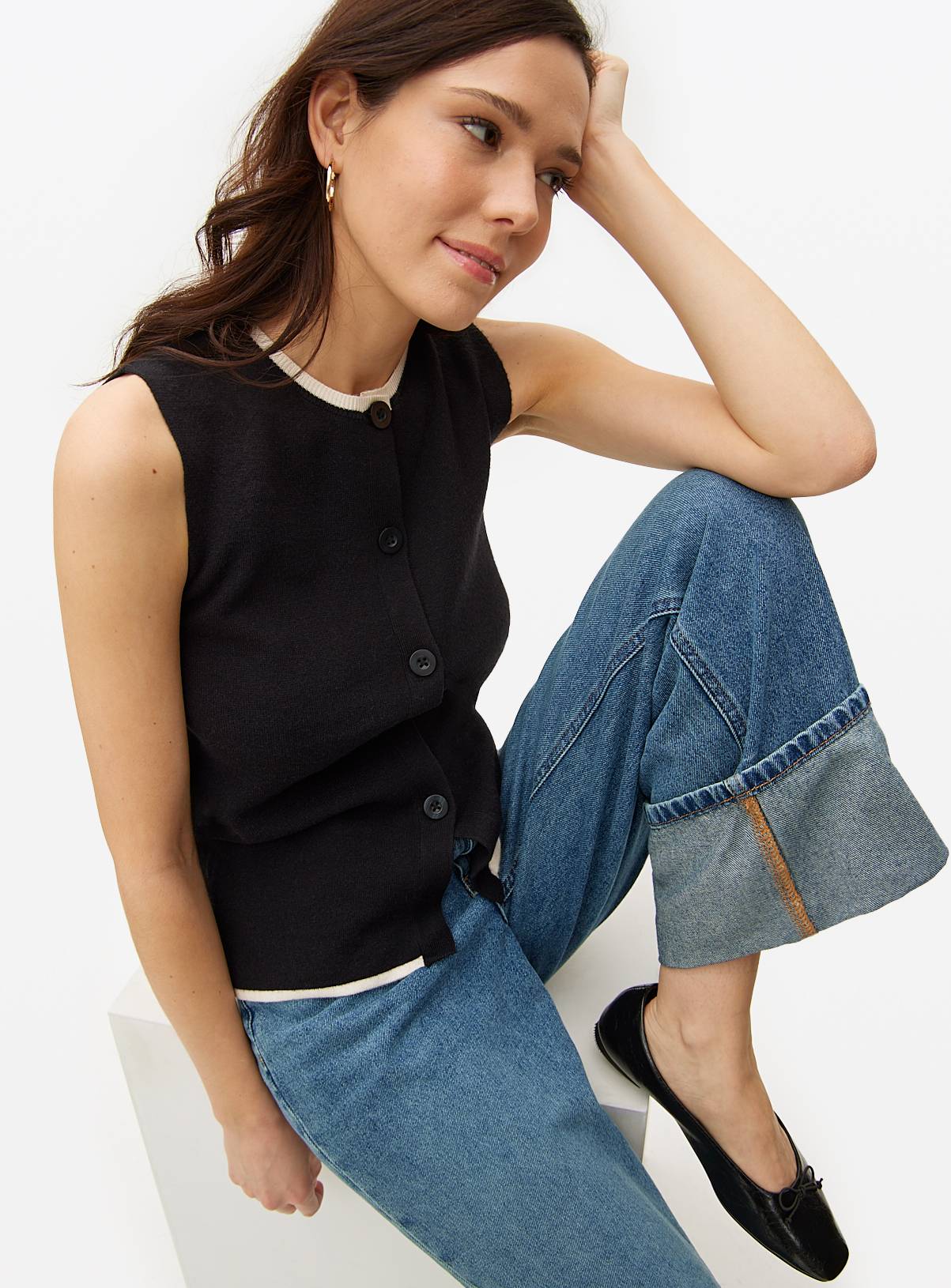 Black Contrast Tipped Co-ord Vest M - Image 1