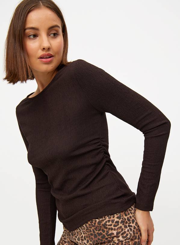 Brown Boat-Neck Ruched Long Sleeve Top 24