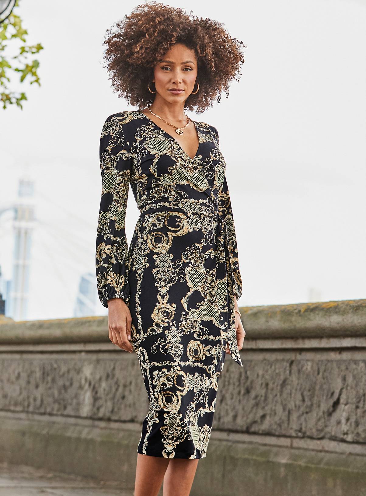 SOSANDAR Black & Gold Baroque Print Wrap Front Midi Dress 20 - Image 1