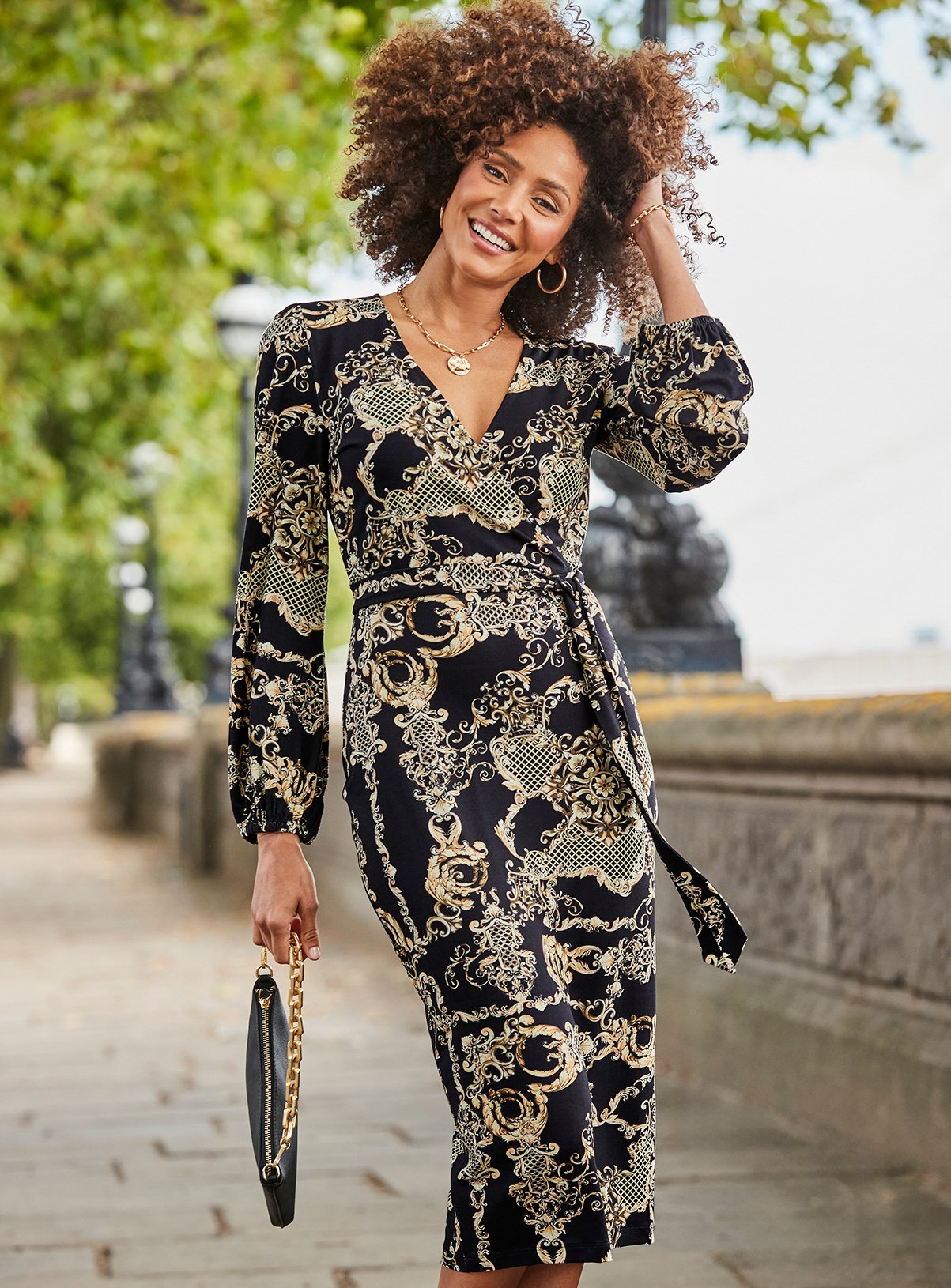 SOSANDAR Black & Gold Baroque Print Wrap Front Midi Dress 20 - Image 2 thumbnail