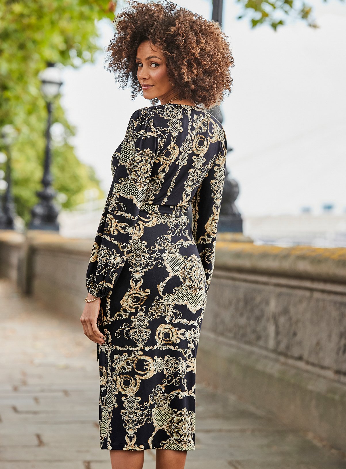 SOSANDAR Black & Gold Baroque Print Wrap Front Midi Dress 20 - Image 3 thumbnail