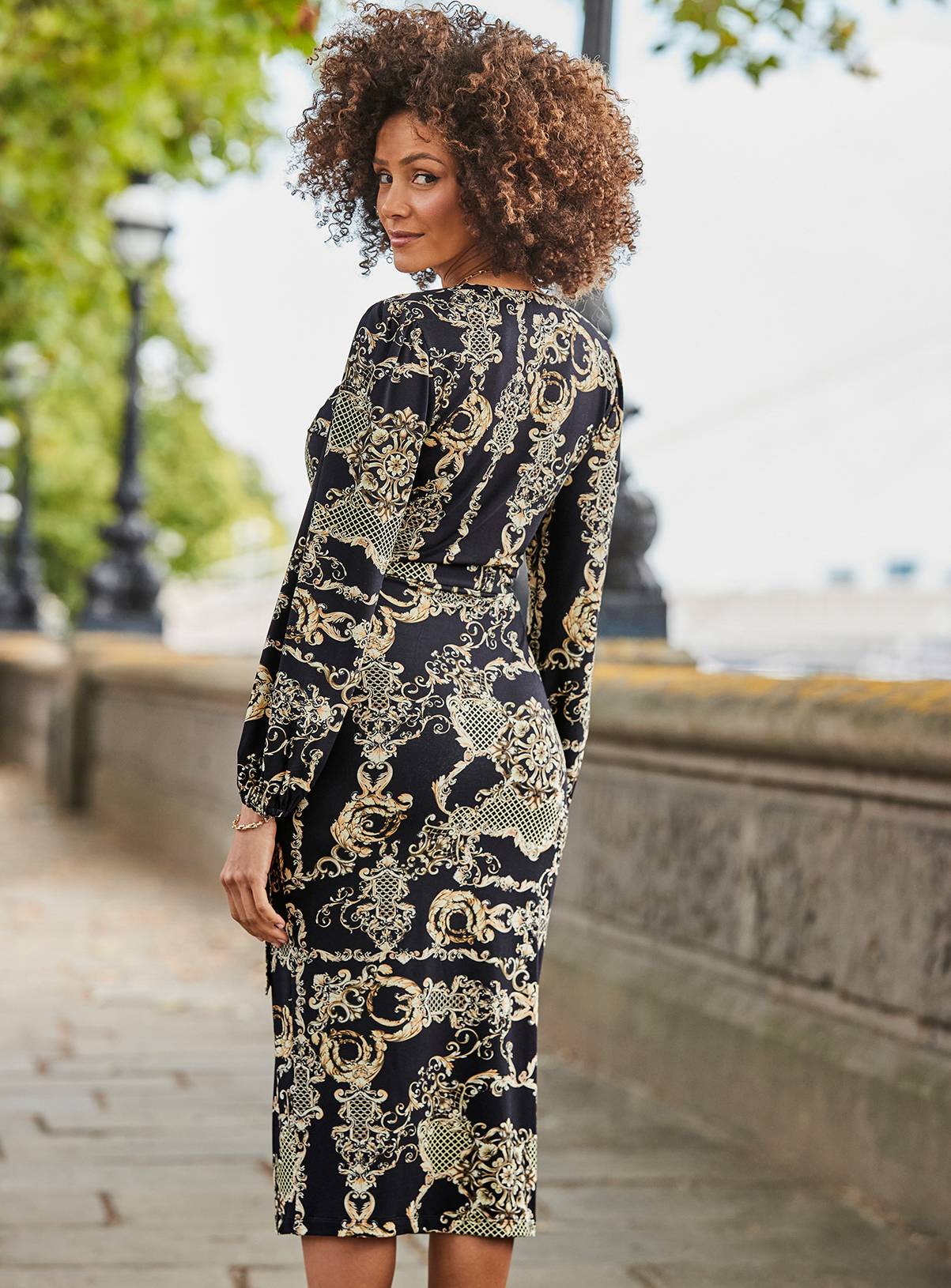 SOSANDAR Black & Gold Baroque Print Wrap Front Midi Dress 20 - Image 3