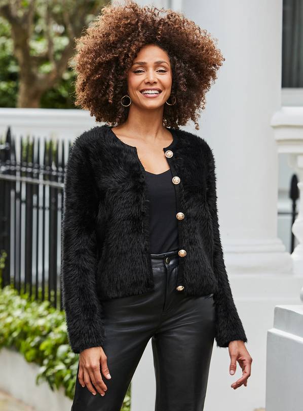 SOSANDAR Black Fluffy Knit Cardigan With Luxe Gold Buttons XS