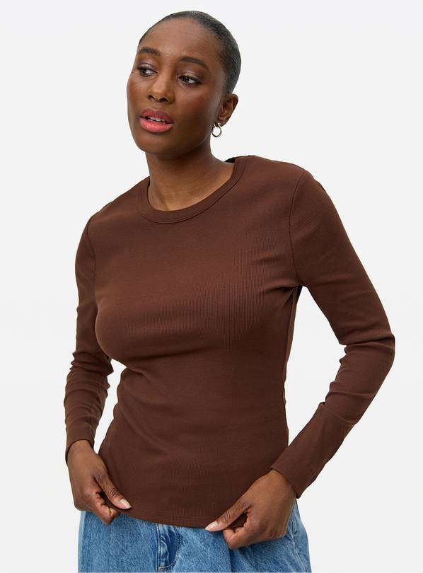 Brown Ribbed Crew Neck Long Sleeve T-Shirt 10