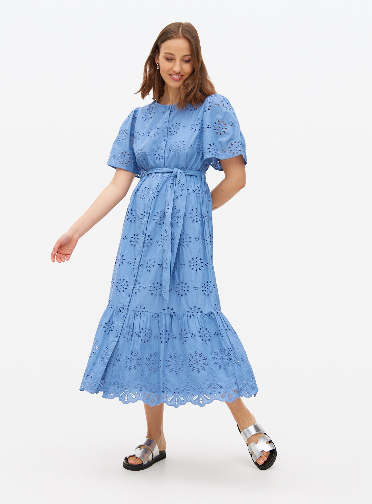 Blue Broderie Short Sleeve Shirt Dress 16 - Image 1 thumbnail