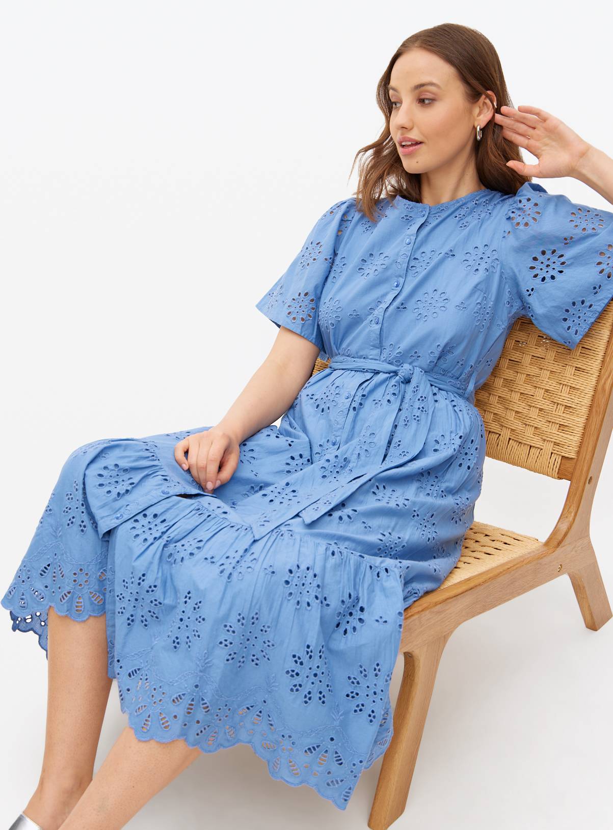 Blue Broderie Short Sleeve Shirt Dress 16 - Image 2