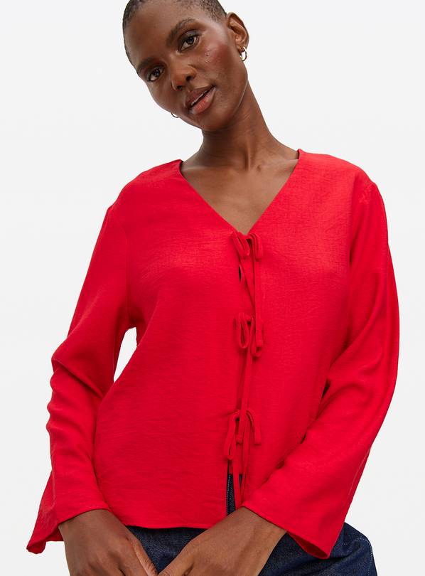  Red Tie Front V-Neck Blouse  10