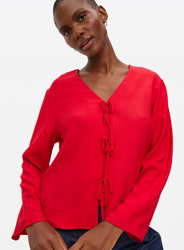  Red Tie Front V-Neck Blouse  18