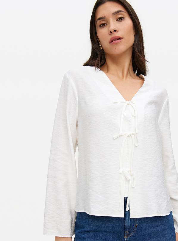 White Tie Front V-Neck Blouse  10