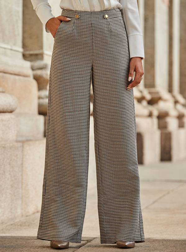 SOSANDAR Brown Checked Button Detail Wide Leg Trousers 12