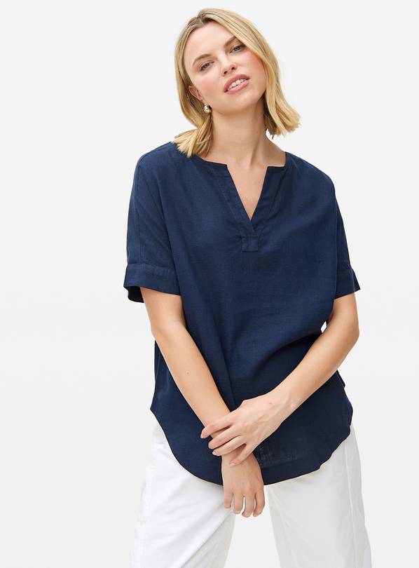 Navy Linen Blend Popover Top  16