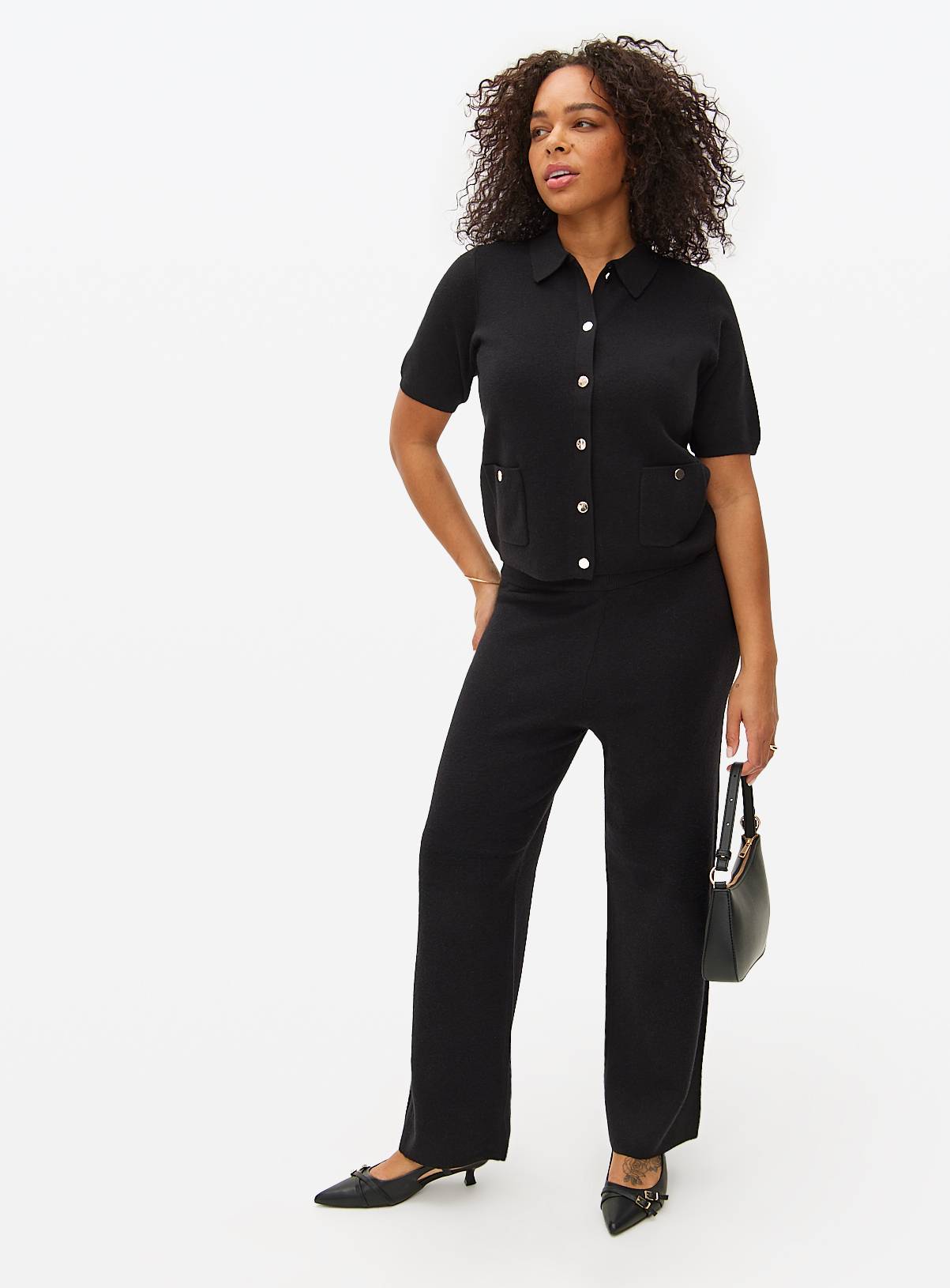 Black Compact Knitted Wide Leg Co-ord Trousers XL - Image 1