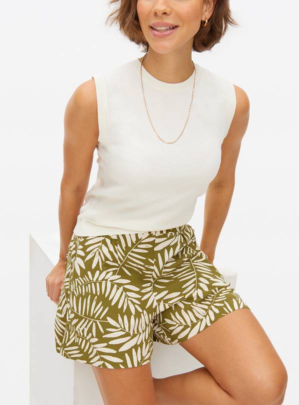 Khaki Leaf Printed High Waist Shorts XXL