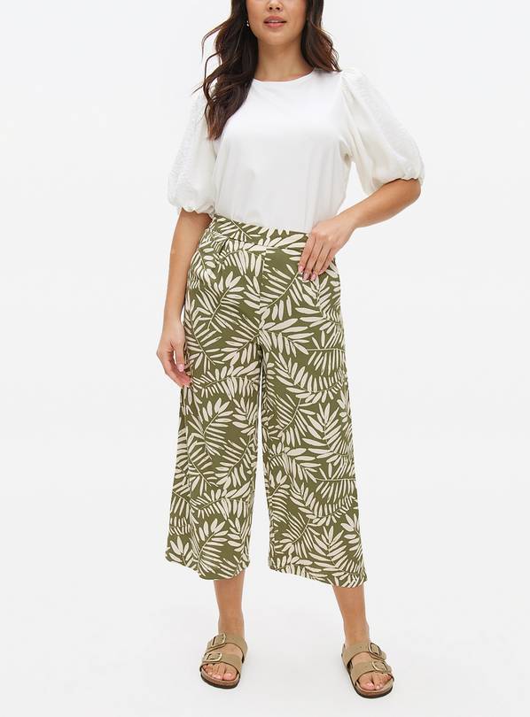 Khaki Leaf Print Draped Cropped Trousers L