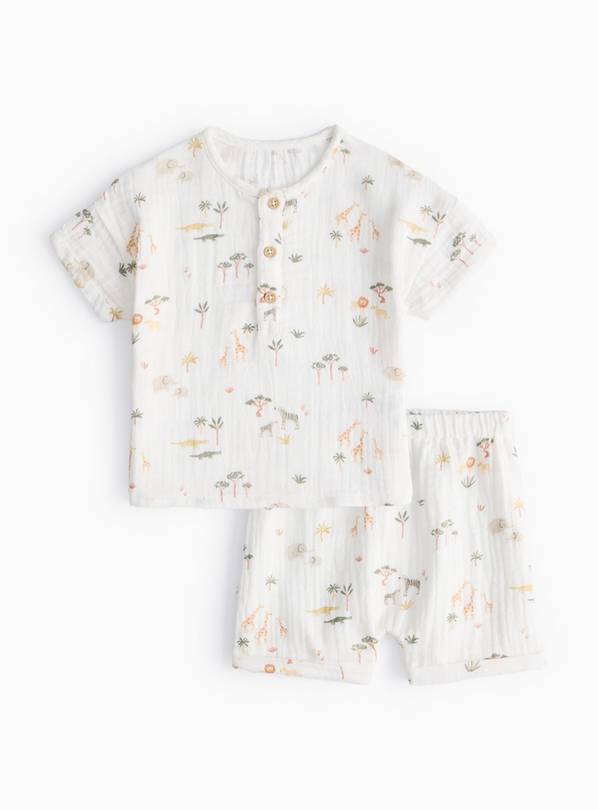 White Safari Print Shorts & T-Shirt Set 9-12 months