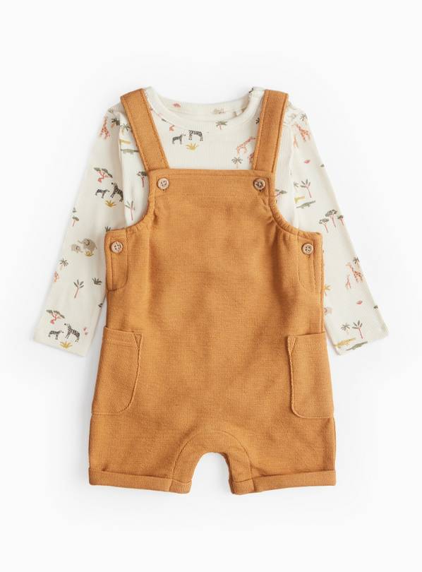 Brown Bib Short Dungarees & Safari Print Bodysuit  Up to 3 mths