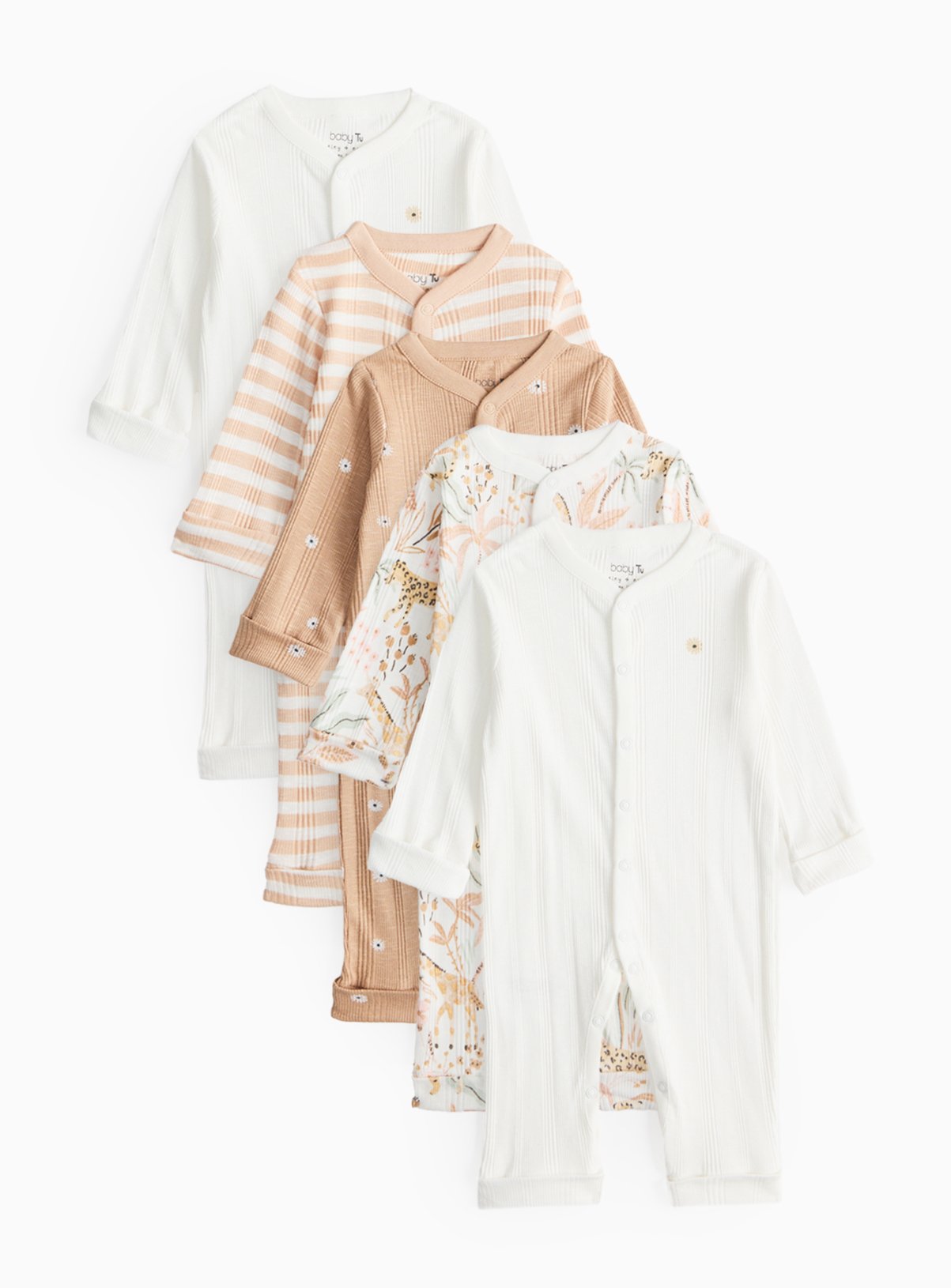 Cream Cream Beige Flower Safari Print Sleepsuit 5 Pack (3-6 Months) - Tu by Sainsbury's