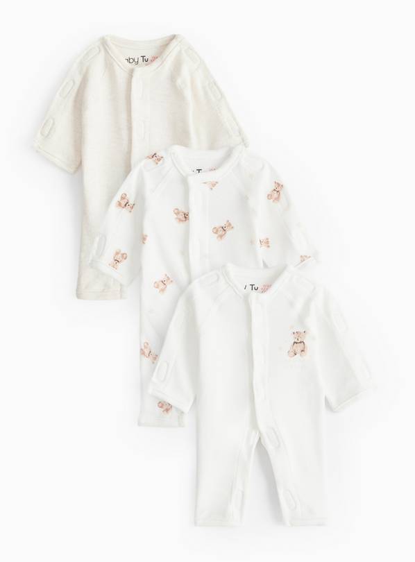 Premature Baby Cream Bear Print Sleepsuits 3 pack 2lbs - 0.9kg