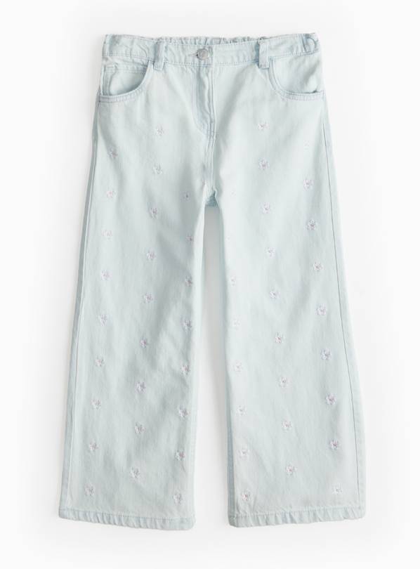 Light Blue Flower Embroidered Wide Leg Jeans 9 years