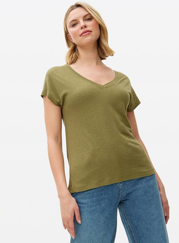 Khaki Linen Blend V Neck T-Shirt XXL