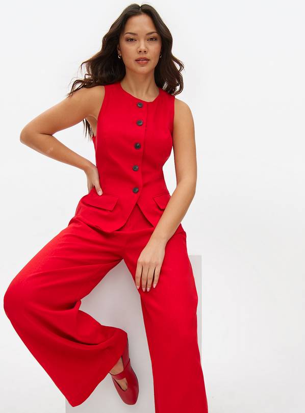 Red Tailored Linen Blend Co-ord Waistcoat 10
