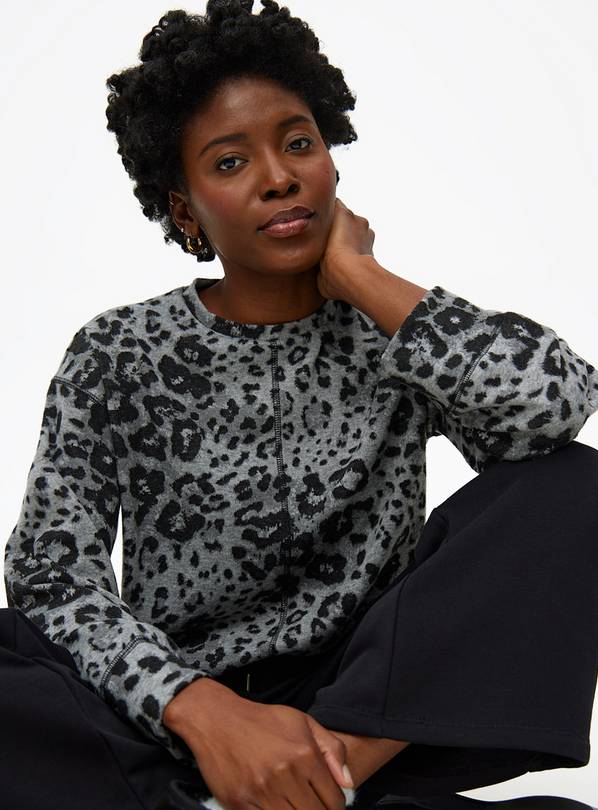 Grey Leopard Print Soft-Touch Jumper L