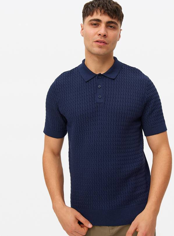 Navy Cable Knit Polo Shirt L