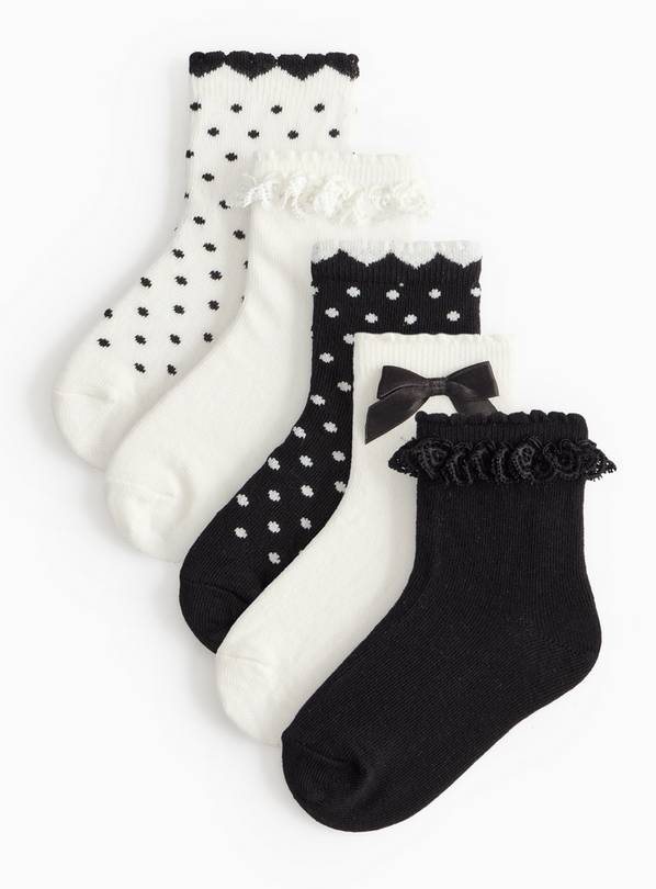 Mono Bow & Frill Trim Ankle Socks 5 Pack 6-8.5