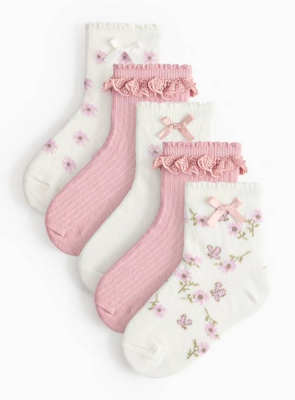 Pink & White Frill Trim Ankle Socks 5 Pack 6-8.5