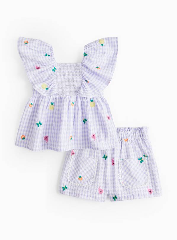 Lilac Gingham Embroidered Top & Shorts Set 6-7 years