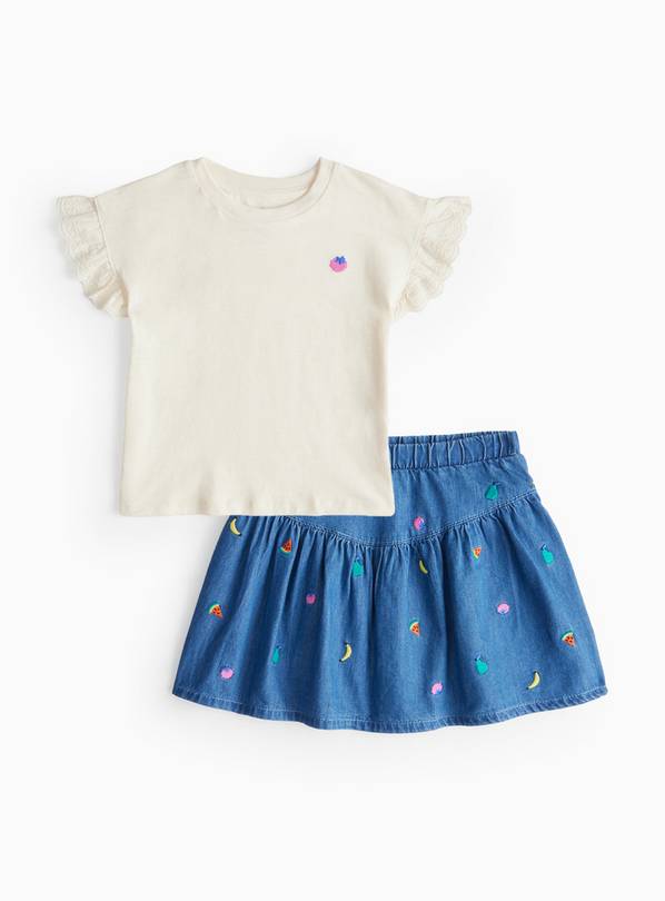 Fruit Embroidered T-Shirt & Denim Skirt Set 1-2 years