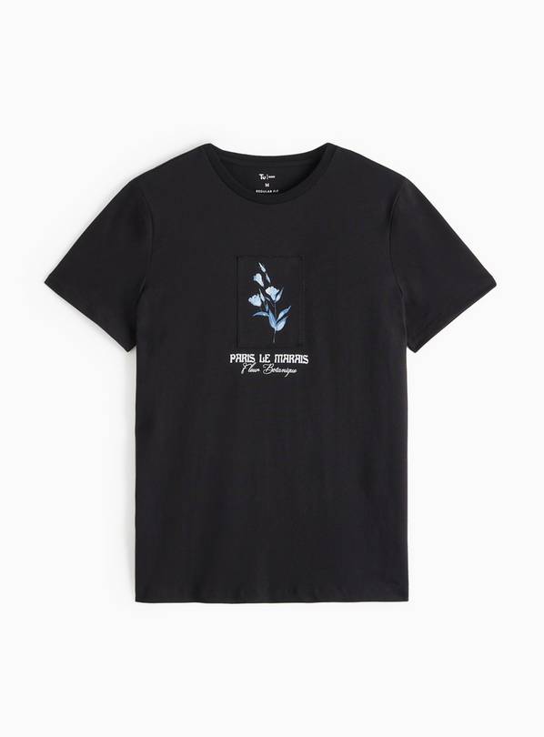 Black Floral Patch Graphic T-Shirt L